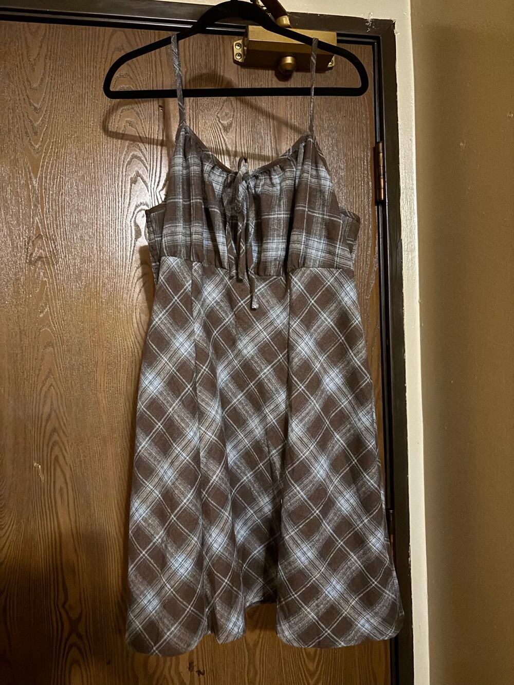Plaid Chocolate Brown/ Light Blue Bow Sleeveless Fall Preppy Coquette Mini Dress